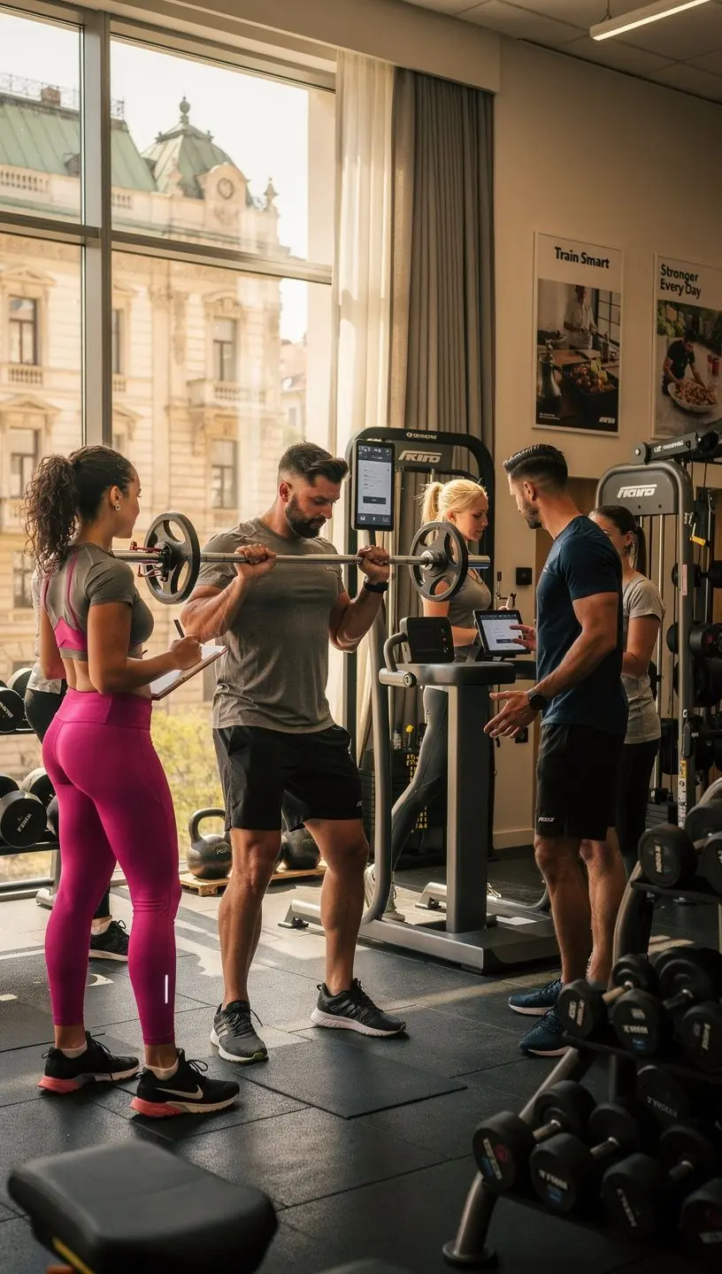 Ein Trainer demonstriert eine korrekte Ausführung einer Übung mit einem Klienten im Hintergrund.