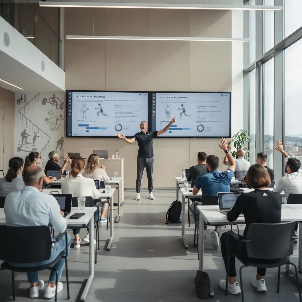 Ein Gruppenfoto von Absolventen des Fitness-Trainer-Kurses, die stolz ihre Zertifikate halten.