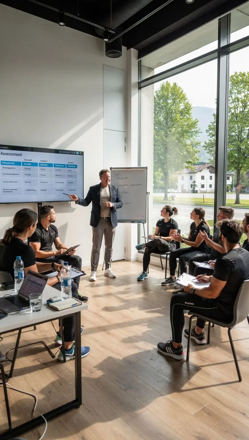 Ein Gruppenfoto von Absolventen des Fitness-Trainer-Kurses, die stolz ihre Zertifikate halten.