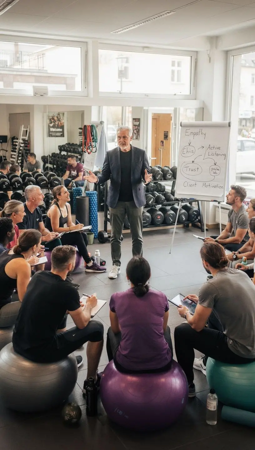 Ein Fitness-Trainer gibt einem Klienten Anweisungen während eines Trainings in einem modernen Fitnessstudio.